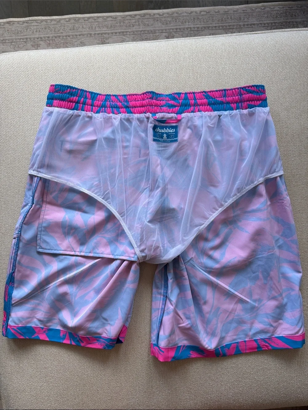 chubbies Pink & Blue Tropical Leaf Swim Trunks